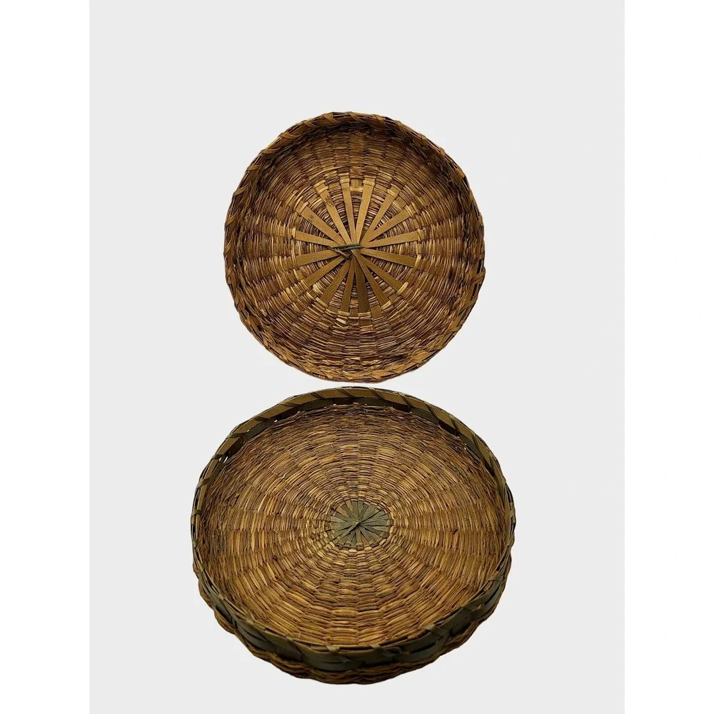 Vintage Covered Lidded Sewing Wicker Rattan Basket Tassels Glass Beads 1